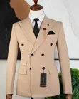 Mario Casas Beige Double-Breasted Peak-Lapel Suit Combo - 2