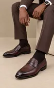 Classic Style Brown Leather Penny Loafers (Red Sole) - 2