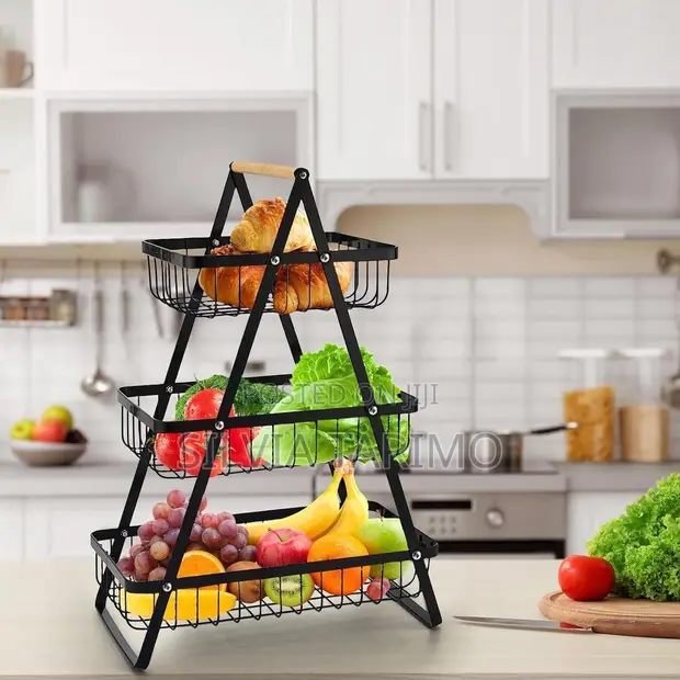 3-Tier Wooden Handle Fruit & Vegetable Storage Basket - 1