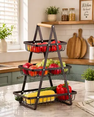 3-Tier Wooden Handle Fruit & Vegetable Storage Basket