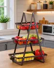 3-Tier Wooden Handle Fruit & Vegetable Storage Basket - 3