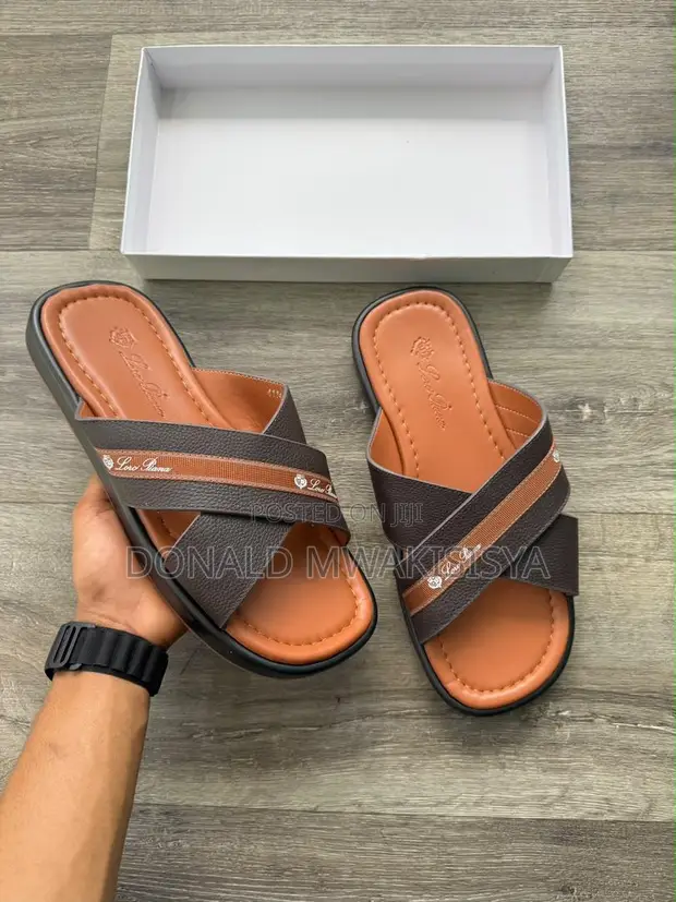 Loro Piana Brown Piana Leather Slides - 1