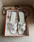 Hermes Leather Flat Sandals - White - 4