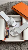 Hermes Leather Flat Sandals - White - 5
