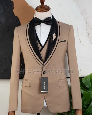 Tuxedo ya Premium Beige & Nyeusi ya Vipande 3 na Lapel ya Shawl