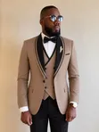Tuxedo ya Premium Beige & Nyeusi ya Vipande 3 na Lapel ya Shawl - 5