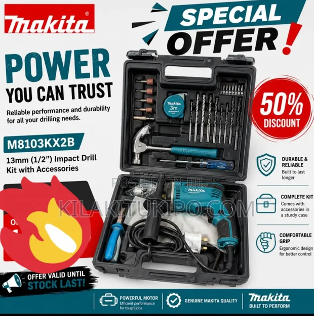 Makita Hammer Drill 13mm, 430W, Variable Speed - 1