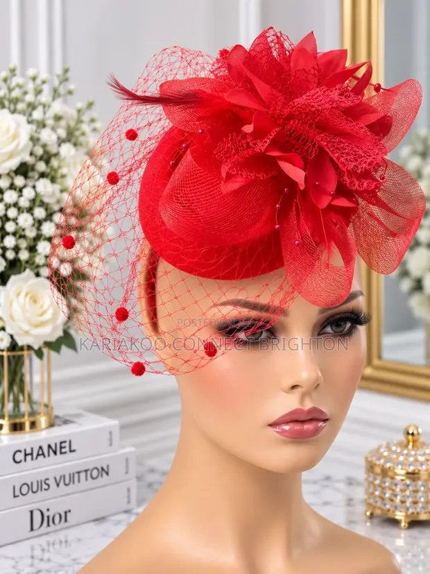 Red Floral Fascinator Hat with Veil - 1