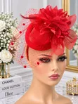 Red Floral Fascinator Hat with Veil - 1