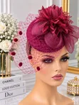 Red Floral Fascinator Hat with Veil - 2