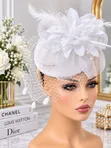 Red Floral Fascinator Hat with Veil - 4