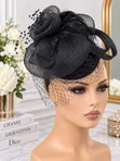 Red Floral Fascinator Hat with Veil - 5