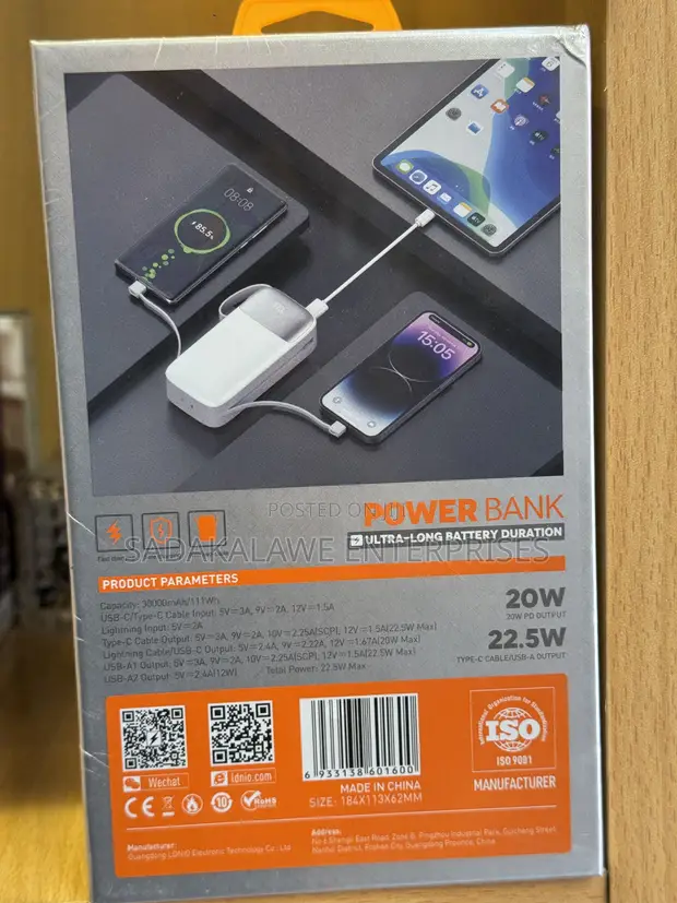 LDNIO PQ30 30000mAh Power Bank ya Kuchaji Haraka na Cables Zilizojengewa Ndani - 1