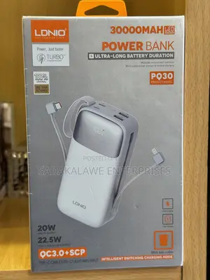 LDNIO PQ30 30000mAh Power Bank ya Kuchaji Haraka na Cables Zilizojengewa Ndani
