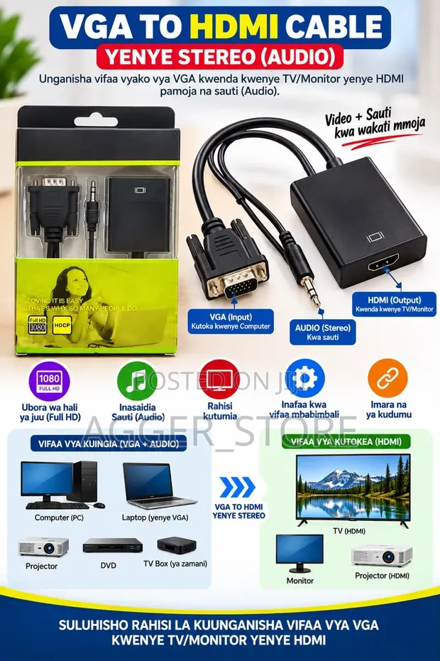 Adapta ya VGA kwenda HDMI na Sauti - 1