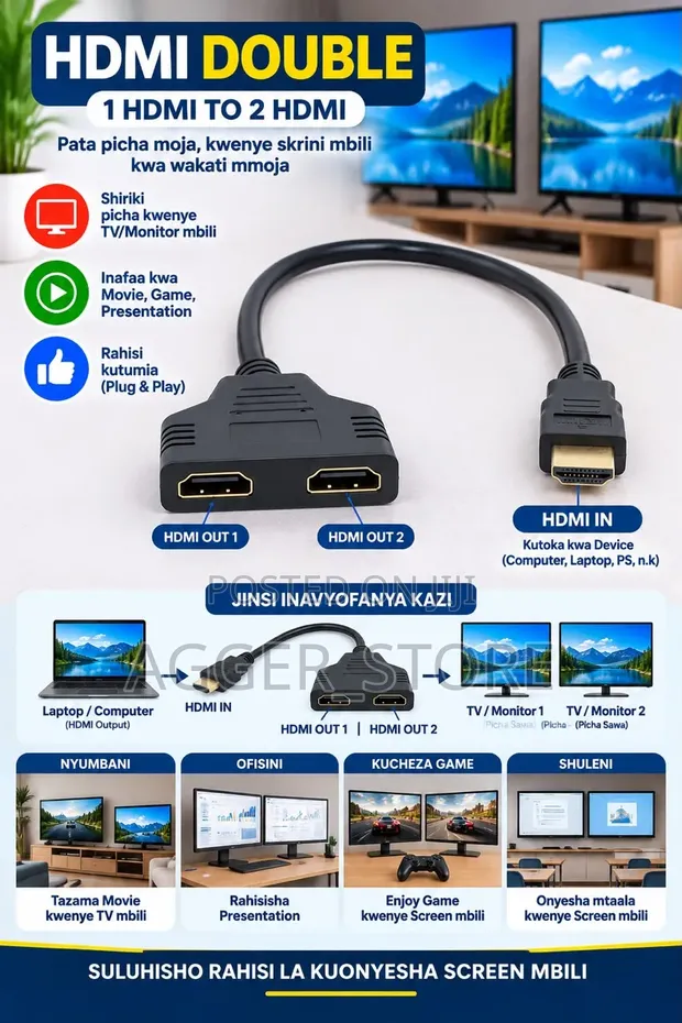 Kebo ya HDMI Splitter 1-Male kwenda 2-Female - 1