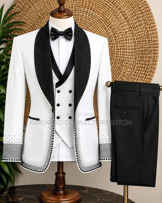 Mario Casas White and Black Beaded Shawl Lapel 3-Piece Suit - 1