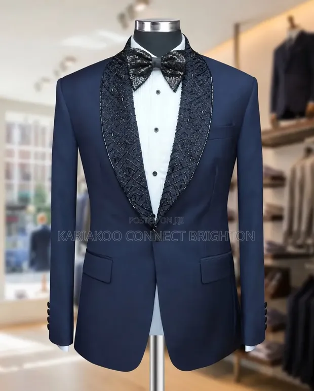 Marco Lorenzo Navy Blue Beaded Shawl Lapel 2-Piece Suit - 1