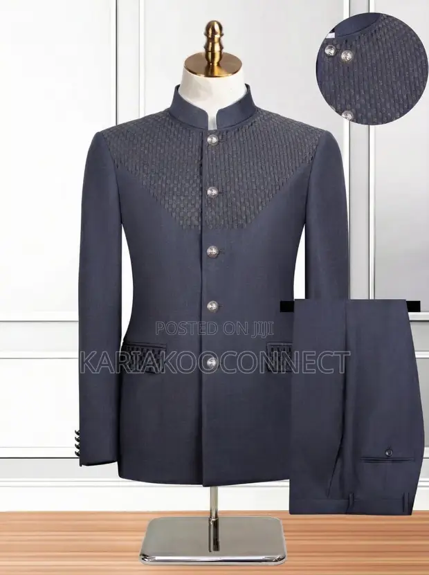 Suti ya Navy yenye Kola ya Mandarin na Muundo wa Lattice - 1