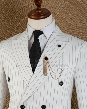 JOSELINO Suti ya White & Black Striped Double-Breasted na Tai