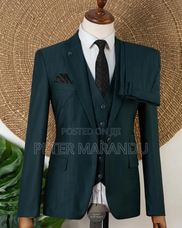 Premium Men's 3-Piece Emerald Green Pinstripe Suit - 1