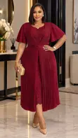 Elegant Pleated Lace Overlay Midi Dress with Flutter Sleeves - 3