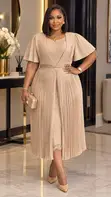 Elegant Pleated Lace Overlay Midi Dress with Flutter Sleeves - 4