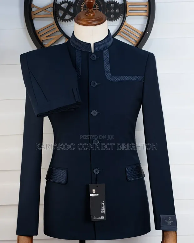 Navy Blue Mandarin Collar Suit with Textured Trim - 1
