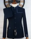 Navy Blue Mandarin Collar Suit with Textured Trim - 1
