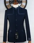 Navy Blue Mandarin Collar Suit with Textured Trim - 2