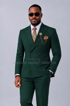 BOSS Dark Green Double-Breasted Suit with Plaid Tie