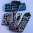 Navy Blue Patterned Tie and Pocket Square Set - 4
