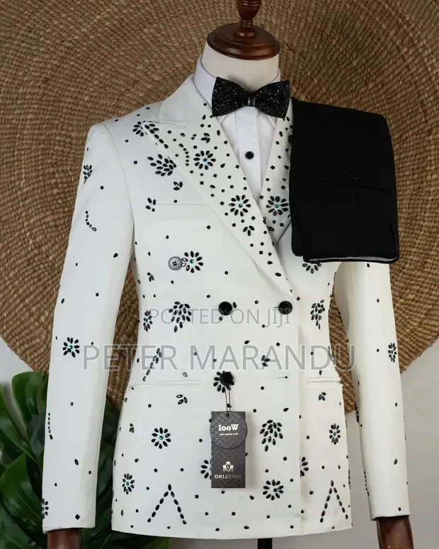 Premium White Double-Breasted Floral Tuxedo Suit - 1