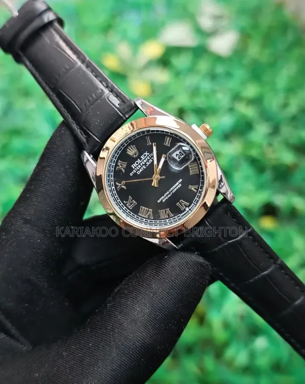Black Dial Roman Numeral Watch with Leather Strap - 1