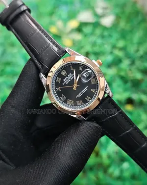 Black Dial Roman Numeral Watch with Leather Strap