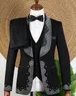 Black and Silver Embellished Lapel Suit - 3
