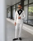 White and Black Contrast Lapel Double-Breasted Suit - 4