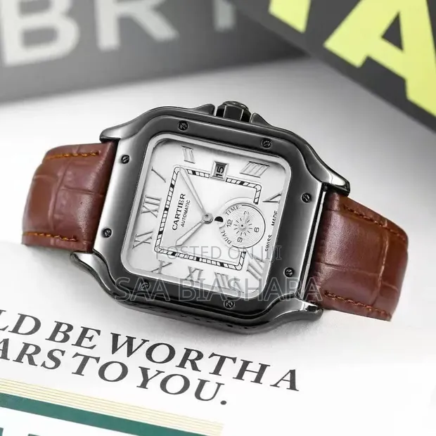 Cartier Style Wristwatch - Brown Leather, Black Case, White Face - 1