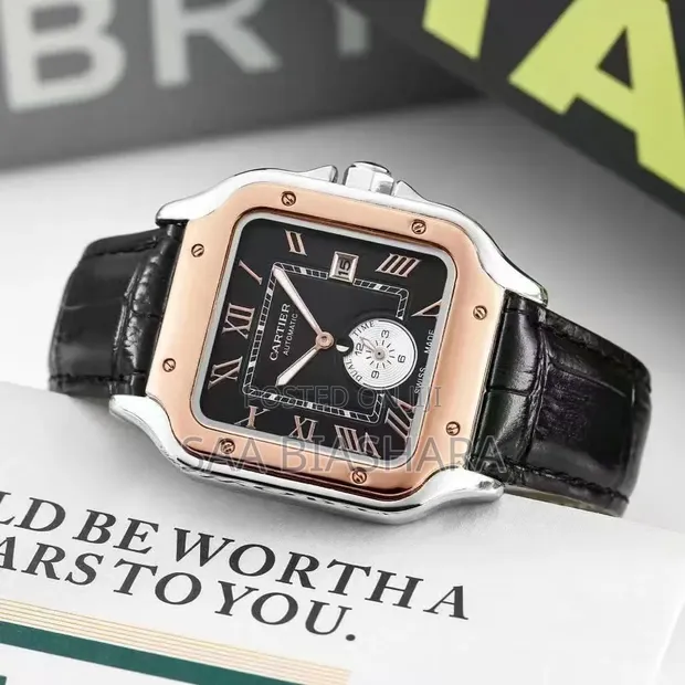 Cartier Style Wristwatch - Black Leather, Rose Gold Case - 1