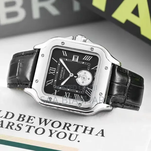 Cartier Style Men's Watch - Black Leather, Silver Case - 1