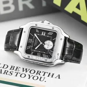 Cartier Style Men's Watch - Black Leather, Silver Case