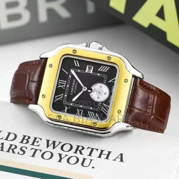 Cartier Style Wristwatch - Gold Case, Brown Leather, Black Dial - 1
