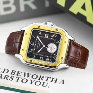 Cartier Style Wristwatch - Gold Case, Brown Leather, Black Dial