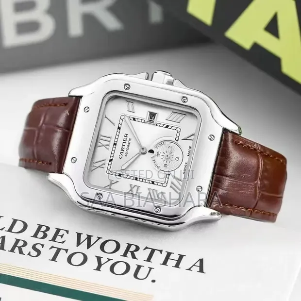 Cartier Style Wristwatch - Brown Leather Strap, Silver Case - 1