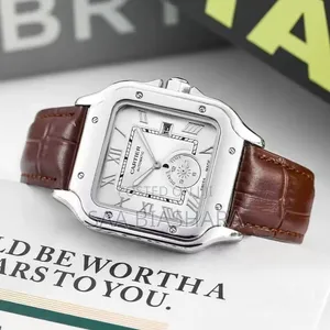 Cartier Style Wristwatch - Brown Leather Strap, Silver Case