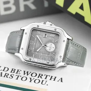 Cartier Style Wristwatch - Gray Leather, Silver Case