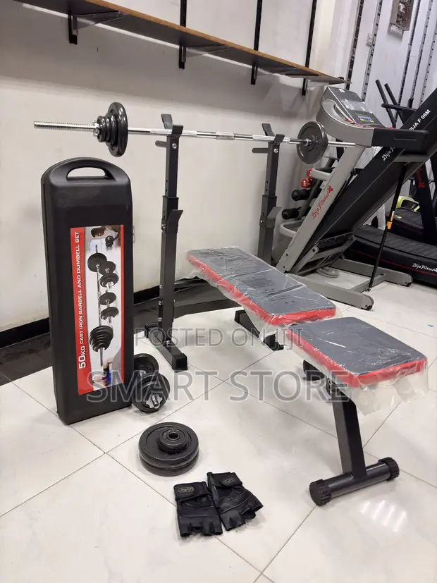 Adjustable Bench with 50KG Weight Set & Free Gloves - 1