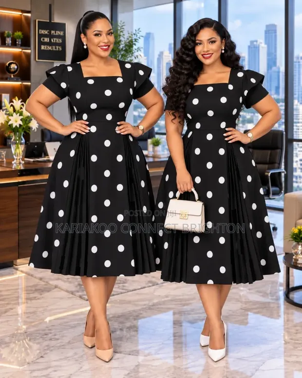 Women's Black & White Polka Dot Elegant Dress - 1
