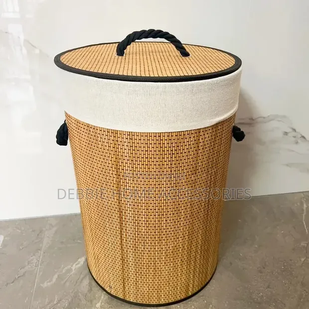 Round Lidded Bamboo Laundry Basket - 1
