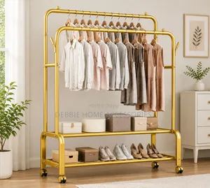 Multipurpose Double-Pole Metal Garment Rack with Wheels